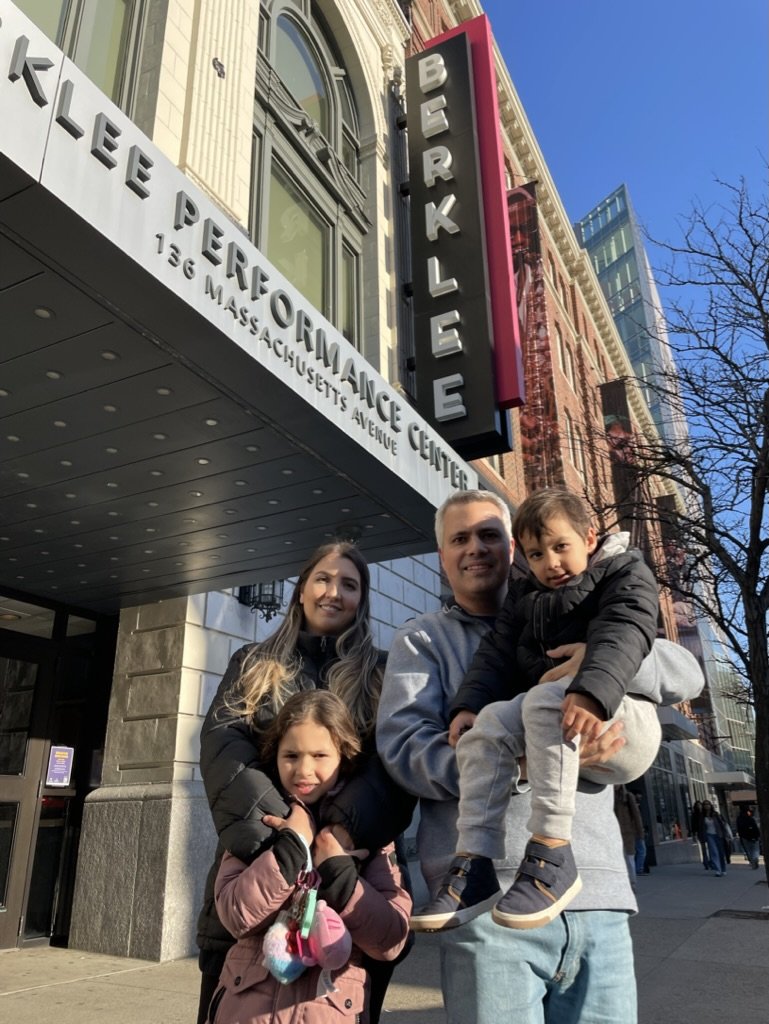 Bruno Miranda with his family outside the Berklee Performance Center, Boston, 2025